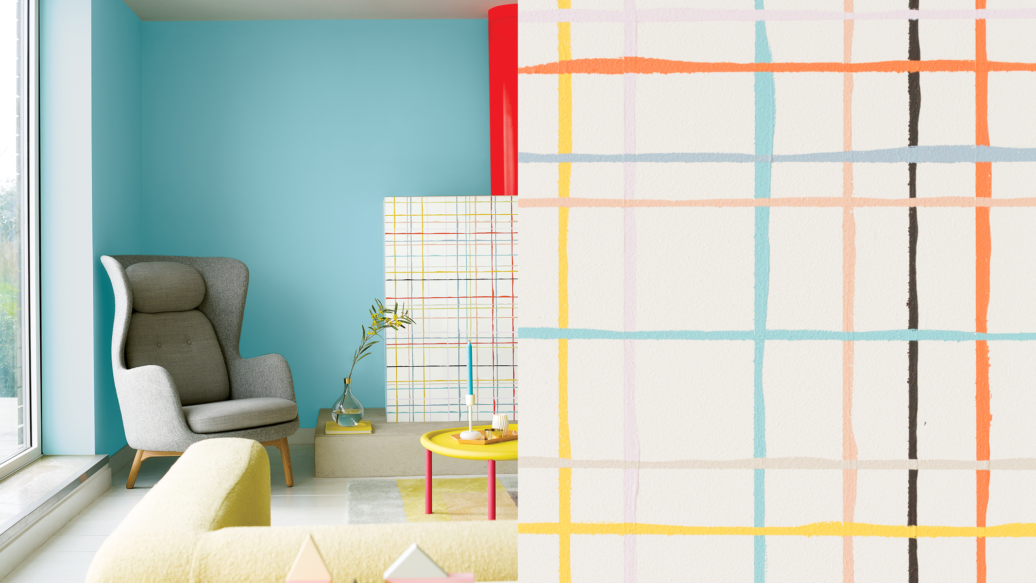 A multi-coloured feature wall Here, multiple hand-painted grids have been painted in complementary colours for a playful look that evokes controlled chaos.