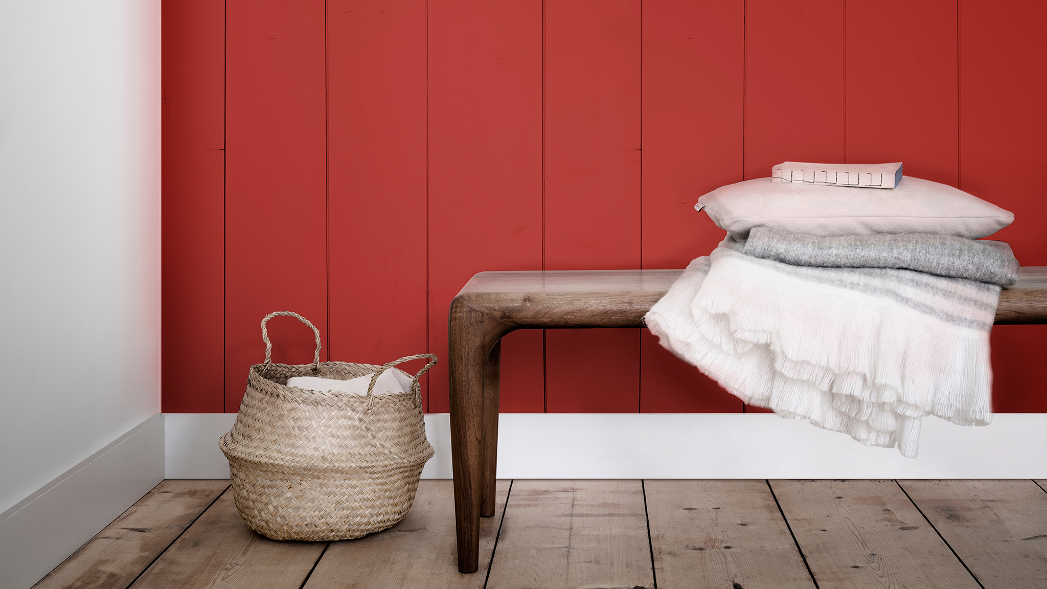 Crimson paneling with a wooden bench and flooring dulux-simply-refresh-wall-panels-ideas-global-5
