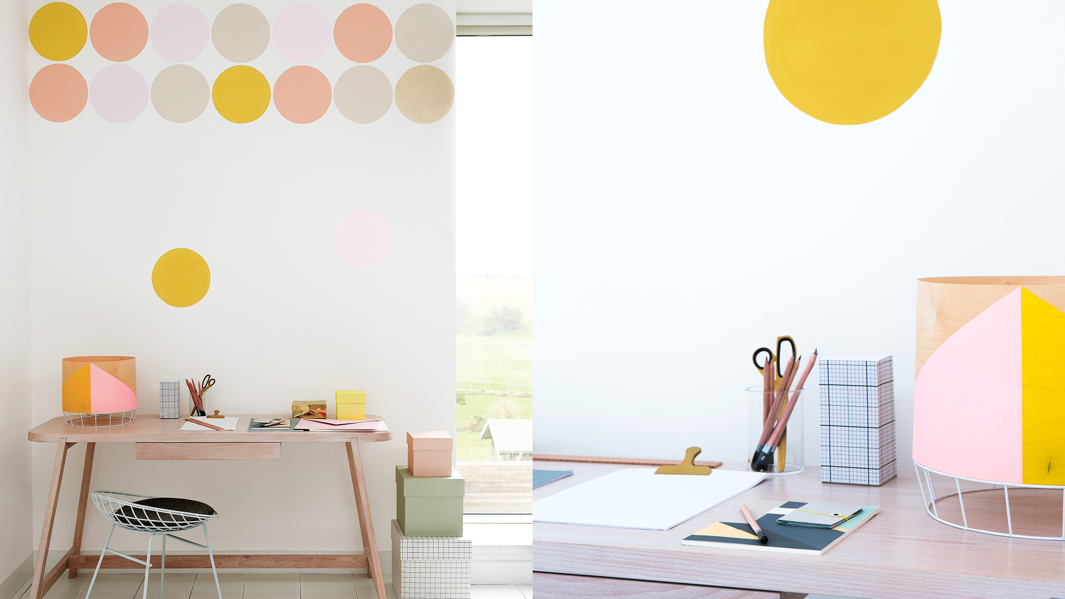 Feature wall with colourful spots Circles are a captivating decorating idea, but too many will overpower the effect, so less is definitely more when it come to this appealing look.
